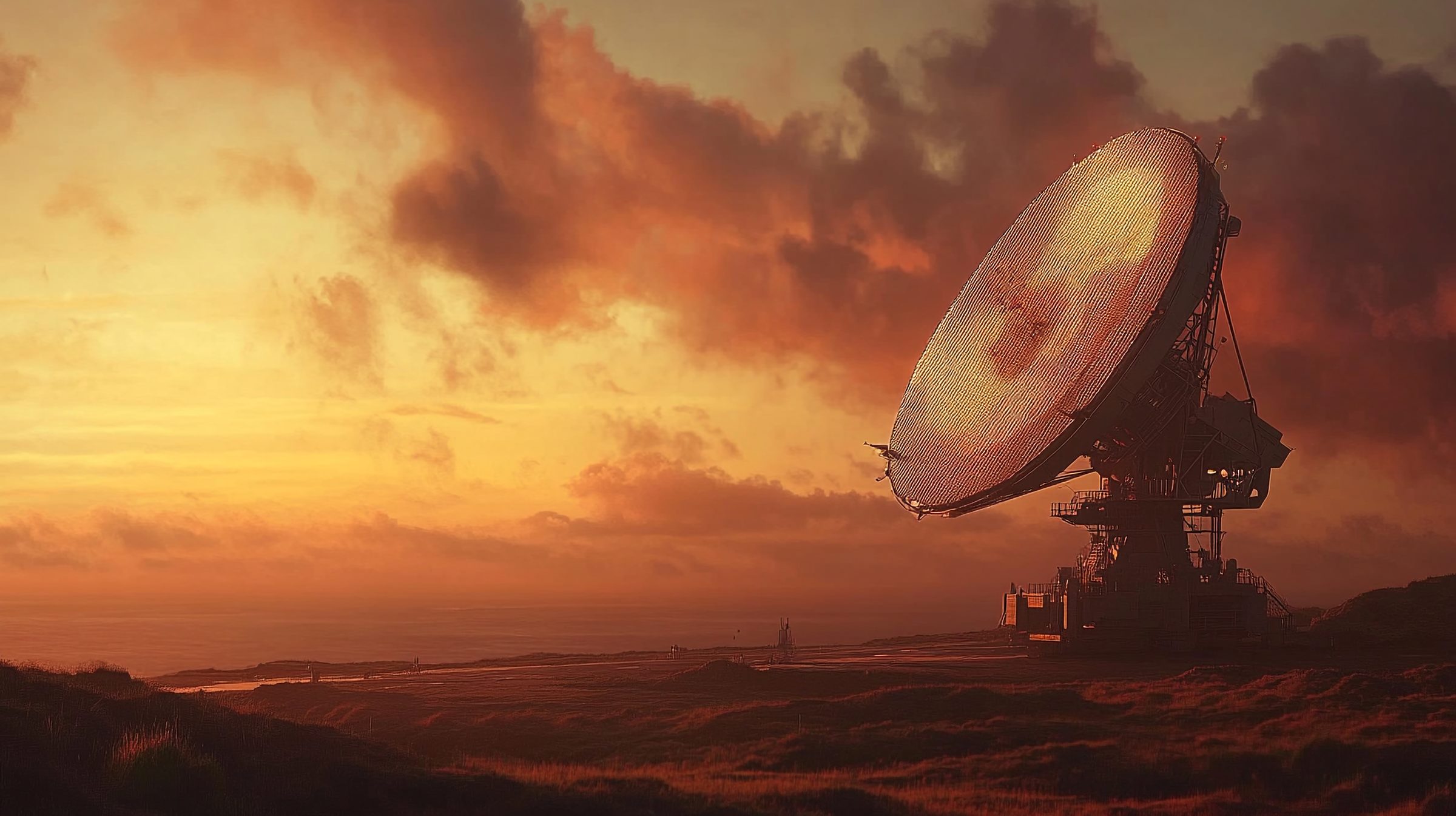 Antena de radar al atardecer — metáfora de la detección continua de oportunidades de financiación